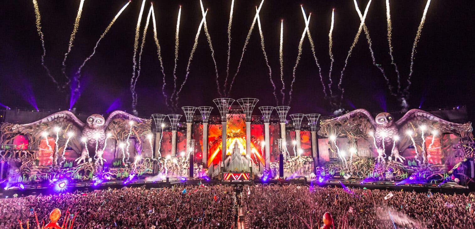 Large festival stage design and fabrication with fireworks and crowd, Statement Fabrication project.